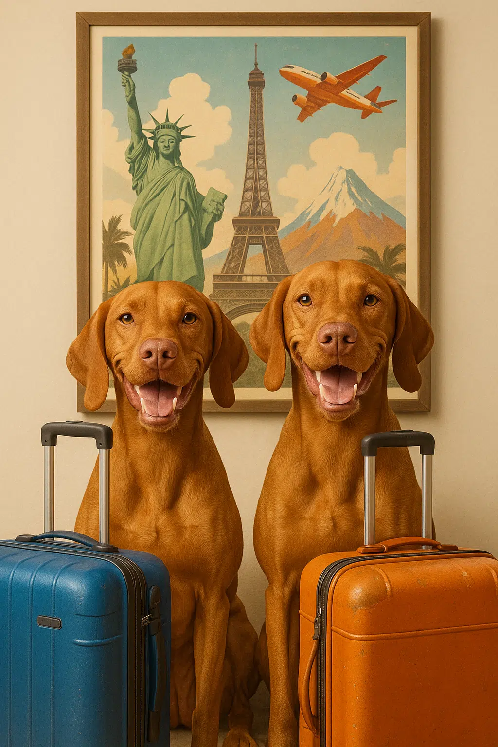 Dogs with suitcases ready to fly